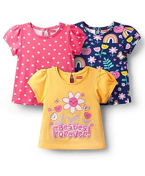 Babyhug 100% Cotton Knit Half Sleeves T-Shirts with Rainbow Floral & Polka Dot Print Pack of 3 - Pink & Navy Blue