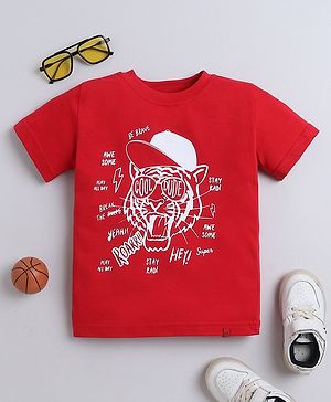 tiny toonzzz Cotton Knit Half Sleeves Tiger Printed Tee - Red