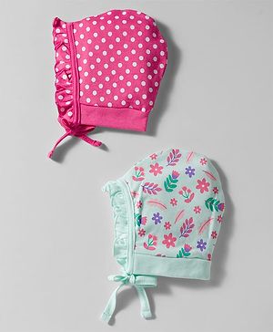 Babyhug 100% Cotton Interlock Knit Caps With Floral Print Pack Of 2 Pink & Light Green - Diameter 9.5 cm