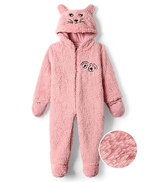 Babyhug Fur Woven Full Sleeves Footed Winter Wear Romper with Hood Tiger Embroidery & Ear Applique - Pink