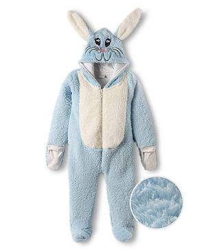 Babyhug Fur Woven Full Sleeves Footed Hooded Winter Rompers with Bunny Applique & Embroidery - Light Blue
