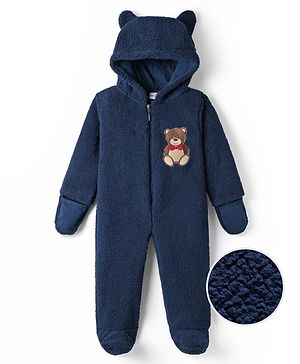 Babyhug Fur Woven Full Length Hooded Winter Wear Footed Romper with Teddy Patch - Navy Blue