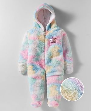 Babyhug Fur Woven Full Sleeves Hooded Footed Front Open Romper with Attached Mitten - Multicolor