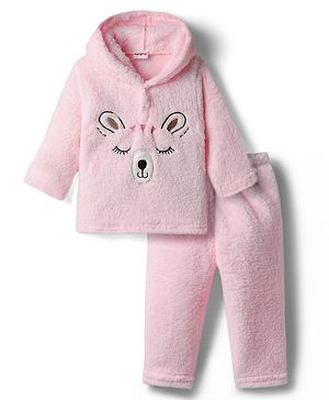 Babyhug Fur Full Sleeves Fur Hoodie Winter Set With Animal Embroidery - Pink