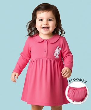 Babyhug Single Jersey Knit Full Sleeves Frock with Bloomer & Bunny Print - Pink