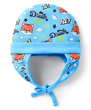 Babyhug 100% Cotton Knit Cap with Knot & Tiger Print Light Blue - Circumference 32 cm