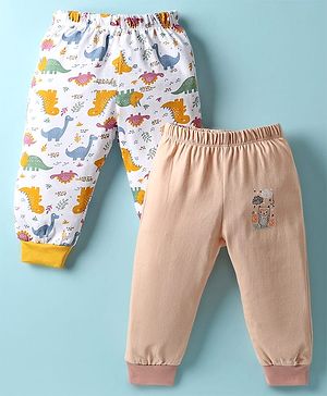 OHMS Single Jersey Knit Full Length Lounge Pants with Dino Print Pack of 2 - White & Tan