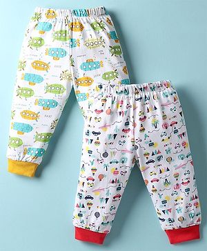 OHMS Single Jersey Knit Full Length Lounge Pants with Vehicle Print Pack of 2 - White & Red