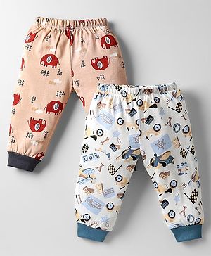 OHMS Single Jersey Knit Full Length Lounge Pant With Animal Print Pack Of 2 - White & Peach