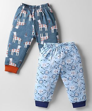 OHMS Single Jersey Knit Full Length Lounge Pant With Animal Print Pack Of 2 - Light Blue & Grey