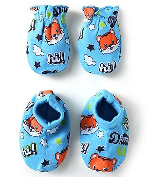 Babyhug 100% Cotton Knit Mittens and Booties Animal Print - Light Blue