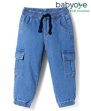 Babyoye Cotton Elastane Denim Full Length Solid Coloured Jeans With Cargo Pockets - Blue