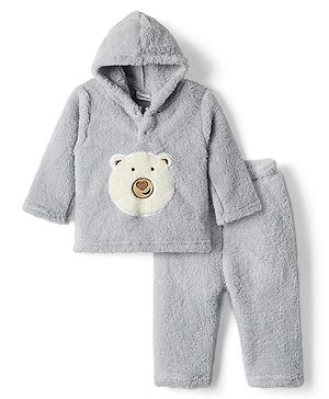 Babyhug Fur Woven Hooded Winter Wear Suit With Bear Patch Detailing - Grey