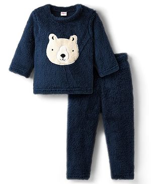 Babyhug Fur Woven Full Sleeves Winter Wear Sweatshirt & Lounge Pant Set With Teddy Bear Patch - Navy Blue