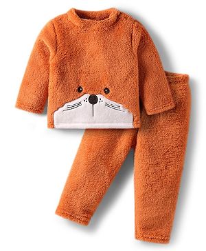 Babyhug Fur Woven Full Sleeves Winter Wear Suit Set with Teddy Print - Orange