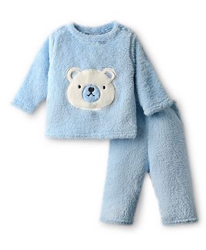 Babyhug Fur Woven Full Sleeves Winter Wear T-Shirt & Lounge Pant Set With Teddy Bear Patch - Light Blue