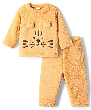 Babyhug Fur Woven Full Sleeves Winter Wear T-Shirt & Lounge Pant Set With Cat Print & Ear Applique - Orange