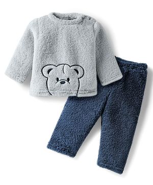 Babyhug Woven Full Sleeves Winter Wear Fur Sweatshirt & Lounge Pant Set with Bear Embroidery - Grey & Navy Blue