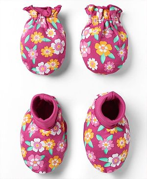Babyhug 100% Cotton Mittens & Booties With Floral Print - Pink