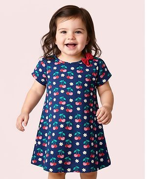 Babyhug Single Jersey Knit Half Sleeves Frock with Floral & Cherry Print & Bow Applique - Blue