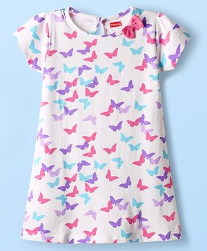 Babyhug 100% Cotton Half Sleeves Butterfly Printed Dress With Bow Applique - White