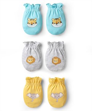 Babyhug 100% Cotton Knit Mittens with Animal Print Pack of 3 - Yellow Aqua Blue & Grey