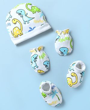 Babyhug 100% Cotton Interlock Knit Cap Mittens & Booties With Dino Print White - Diameter 10.5 cm