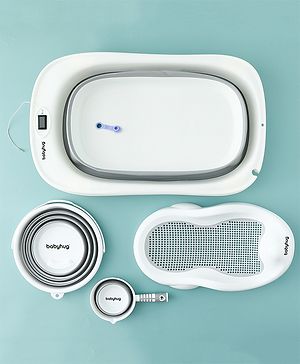 Babyhug Foldable Baby Bath Tub with set of 4 Accessories - Grey| Drain Plug for Easy Cleaning| Removable Bath Rack| Foldable Bath | Foldable Bath Mug with Handle
