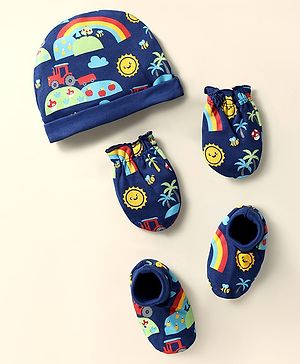 Babyhug 100% Cotton Knit Cap Mittens & Booties Set with Tropical Theme Print Navy Blue - Diameter 10 cm
