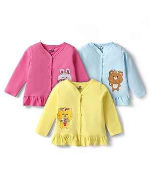 Doodle Poodle 100% Cotton Single Jersey Knit Full Sleeves Jhablas With Animal Print Pack Of 3 - Light Blue Pink & Yellow