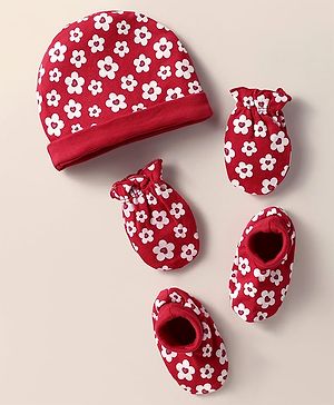 Babyhug 100% Cotton Knit Cap Mittens & Booties Set with Floral Print Red - Diameter 10 cm
