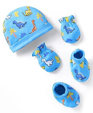 Babyhug 100% Cotton Knit Cap Mittens & Booties With Dino Print Blue - Circumference 28 cm