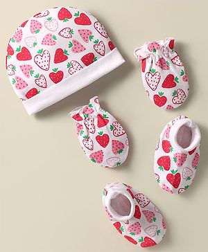 Babyhug 100% Cotton Knit Cap Mittens & Booties Set with Strawberry Print White - Diameter 11 cm