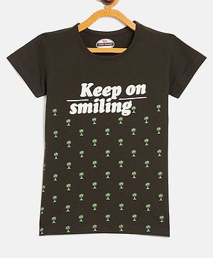 Fort Divine Cotton Lycra Knit Half Sleeves Keep On Smiling Text Printed Tee - Olive Green