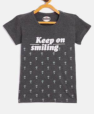 Fort Divine Cotton Lycra Knit Half Sleeves Keep On Smiling Text Printed Tee - Dark Grey