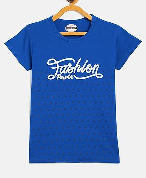 Fort Divine Cotton Lycra Knit Half Sleeves Polka Dots & Fashion Paris text Printed Tee - Royal Blue