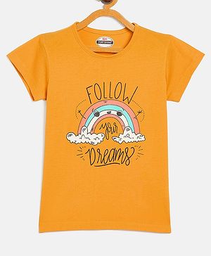 Fort Divine Cotton Lycra Knit Half Sleeves Follow Your Dreams Text Printed Tee - Mustard