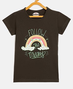 Fort Divine Cotton Lycra Knit Half Sleeves Follow Your Dreams Text Printed Tee - Olive