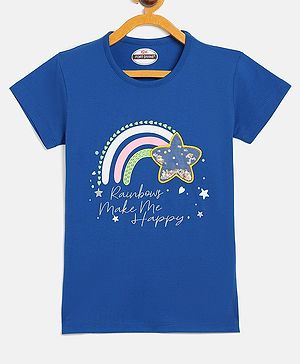 Fort Divine Cotton Lycra Knit Half Sleeves Rainbow Printed Tee - Royal Blue