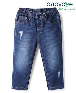 Babyoye Cotton Elastane Full Length Denim Jeans With Distressed Pattern - Blue