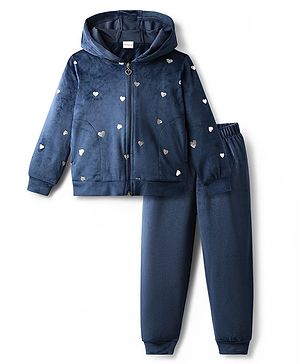 Babyhug Velour Woven Full Sleeves Winter Wear Hooded Sweat Jacket & Lounge Pant Set With Heart Print - Navy Blue