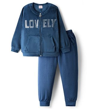 Babyhug Velour Woven Winter Wear Sweatshirt & Lounge Pant Set with Text Print - Navy Blue