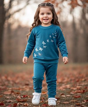 Babyhug Velour Woven Full Sleeves Butterfly Foil Printed Winter Wear Suit - Teal Blue