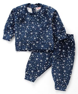 Babyhug Velour Woven Full Sleeves Winter Wear T-Shirt & Lounge Pant Co-Ord Set With Snowflake Print - Navy Blue