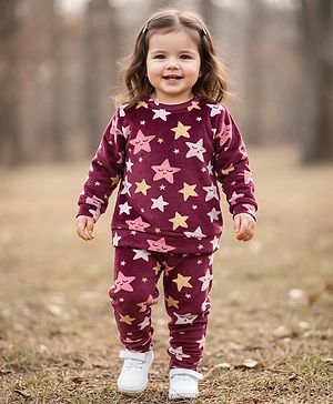 Babyhug Velour Woven Full Sleeves Winter Wear Suit With Star Print - Maroon