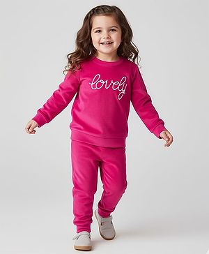 Babyhug Velour Woven Full Sleeves Sweatshirt & Lounge Pant Set with Text Embroidery - Pink