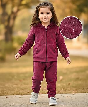 Babyhug Velour Woven Full Sleeves Shimmered Hooded Sweatshirt & Jogger Set with Kangaroo Pocket - Maroon
