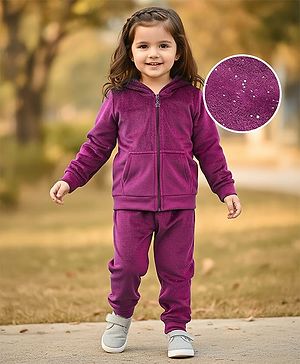 Babyhug Velour Woven Full Sleeves Shimmered Hooded Sweatshirt & Jogger Set with Kangaroo Pocket - Wine