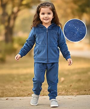 Babyhug Velour Woven Full Sleeves Shimmered Hooded Sweatshirt & Jogger Set with Kangaroo Pocket  - Navy Blue