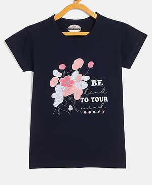 Fort Divine Cotton Lycra Knit Half Sleeves Floral & Typography Printed Tee - Navy Blue